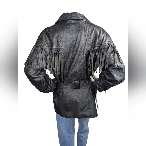 Vintage Black Leather Fringe Belted Biker Jacket By Cosa Nova | Women’s Large - Picture 9 of 9